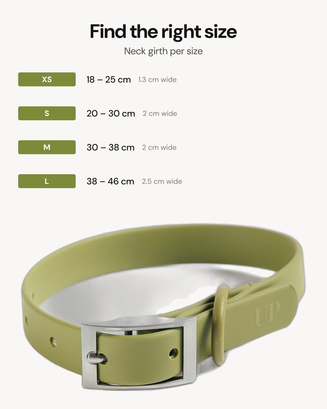 Waterproof Dog Collar - Moss - size guide