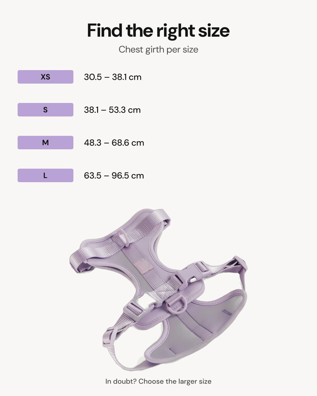 Cushioned Dog Harness - Lilac - size guide